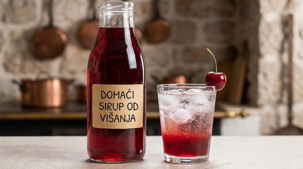 Domaći starinski sirup od višanja u staklenoj boci